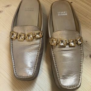 Stuart Weitzman Metallic Gold Jeweled Mule Loafer